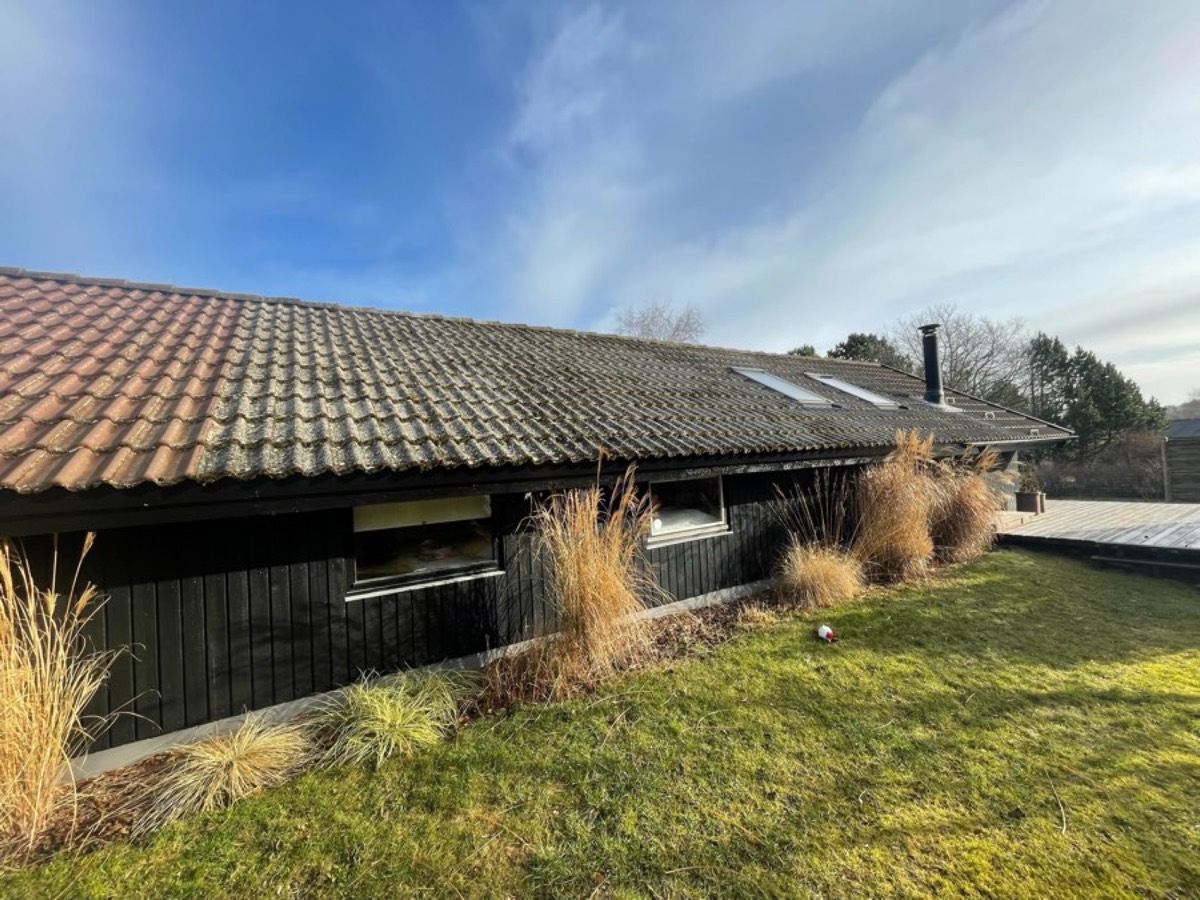 Før: Tag af betontagsten på et sort træhus