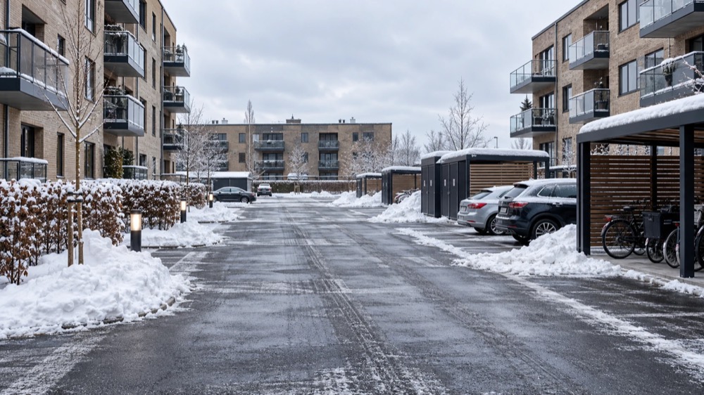 Ryddet og saltet parkeringsareal ved carportene